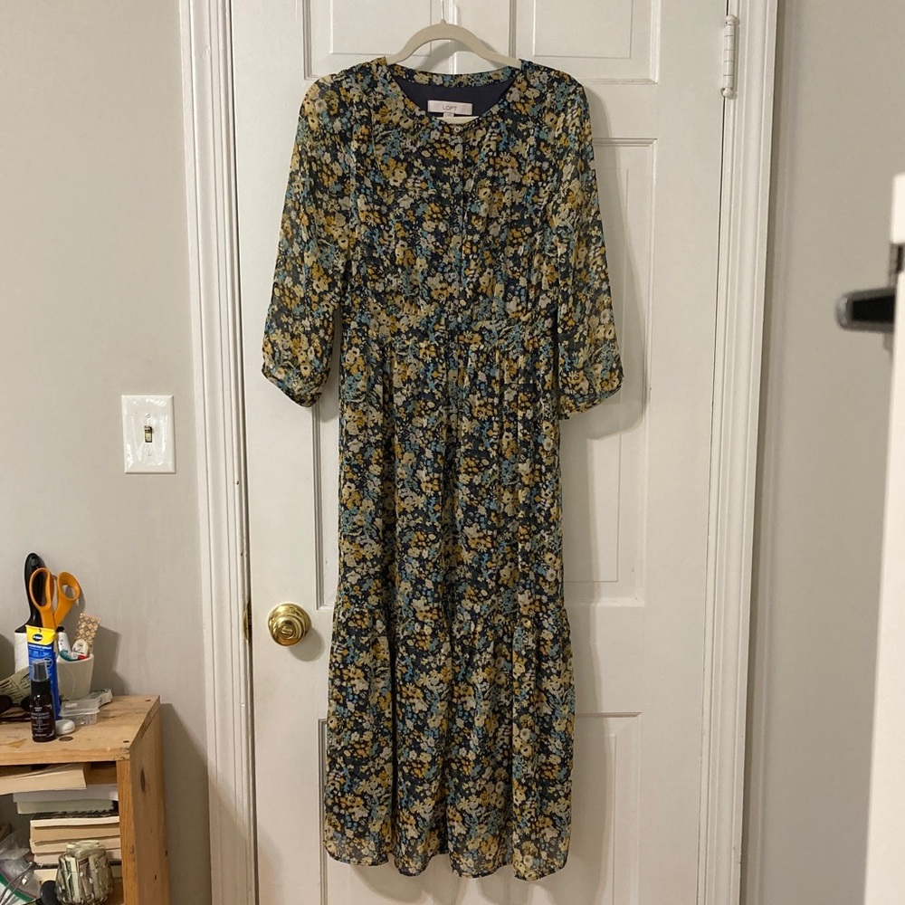 LOFT Long Sleeve Floral Dress in Blue and Yellow
